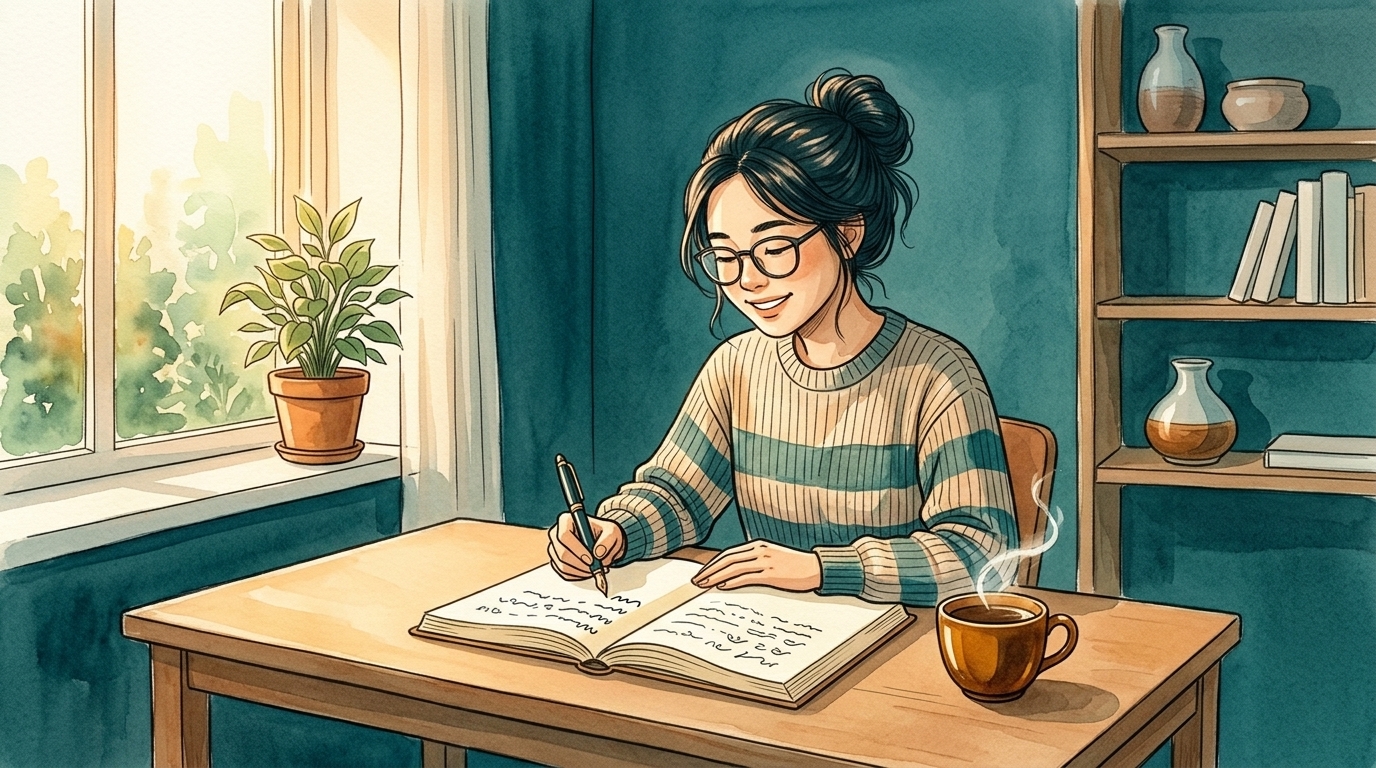 Khoảnh khắc người học ngồi bên bàn làm việc tối giản tập trung viết và chuyển hóa tri thức